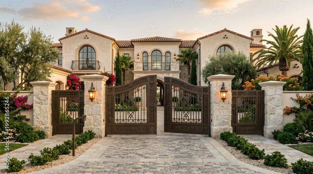 Naklejka premium Luxury Mediterranean Estate Entrance with Ornate Wrought Iron Gates and Cobblestone Driveway at Sunset