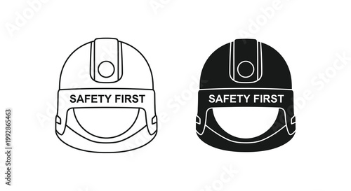 A depiction of two construction helmets one white and one black both displaying the text safety first
