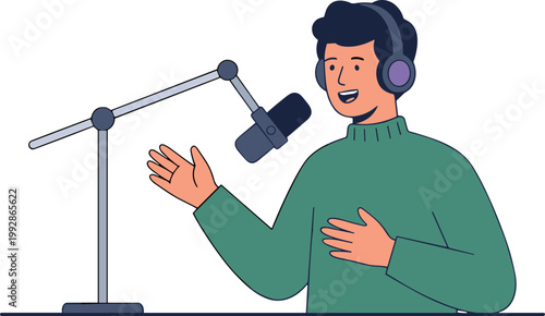 A man wearing headphones speaks into a microphone in a studio setting.