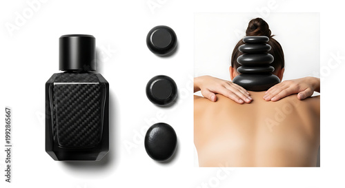 Black carbon fiber textured bottle with spa hot stones, luxury massage and wellness, relaxation therapy