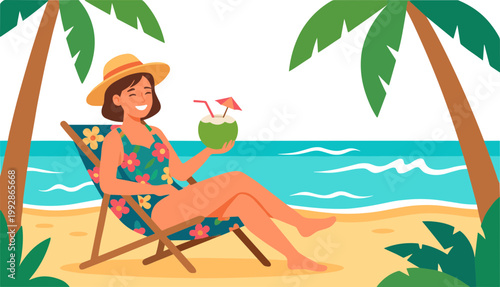 A woman relaxes on a beach chair under palm trees with a cocktail