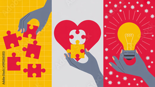 A creative illustration of hands holding puzzle pieces and a lightbulb, symbolizing teamwork and inspiration.