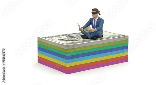 Blindfolded businessman sitting cross-legged on a colorful stack of money, attempting to cut it, symbolizing financial risk and uncertainty, risk management concepts