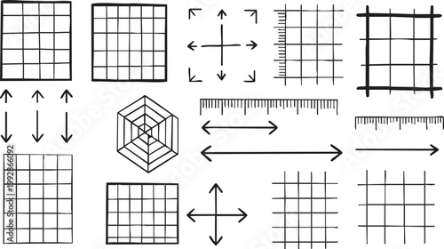 Black Minimalist Grid Graph Ruler Arrow and Geometric Cube Design Elements Set on White Background