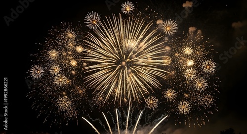 A vibrant fireworks display explodes in the night sky on transparent background