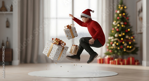 Boy in Santa hat and red sweater levitating mid-air, reaching for pixelated gift boxes, festive Christmas tree and presents in blurred background, joy and magic