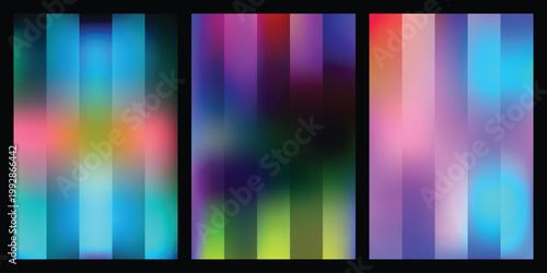 Abstract poster collection with blurred backgrounds, bright gradient columns, stripes, and defocused vector templates
