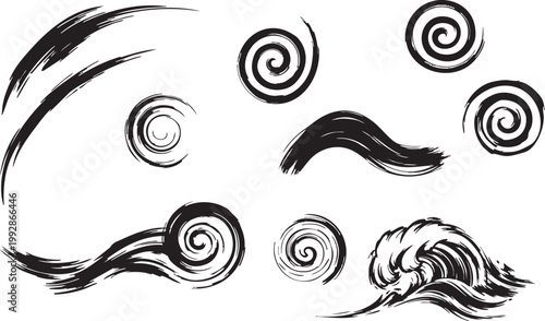 Collection of Hand Drawn Black Swirls Wind Gusts and Ocean Wave Elements for Dynamic Graphic Design