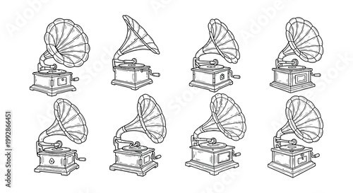 Line art illustration of vintage gramophones in various arrangements