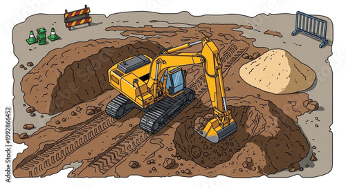 Yellow excavator digging a large hole in construction site illustration.