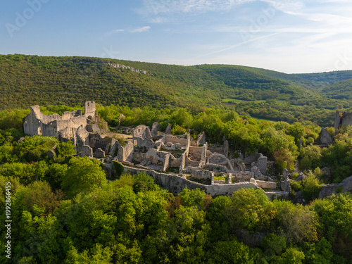 Aerial view of Dvigrad medieval castle ruins in Istria, Croatia