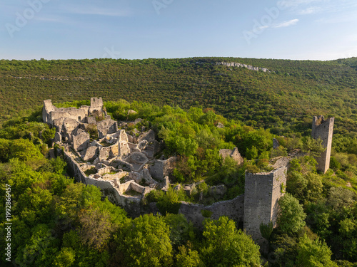 Aerial view of Dvigrad medieval castle ruins in Istria, Croatia
