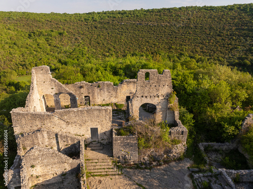 Aerial view of Dvigrad medieval castle ruins in Istria, Croatia