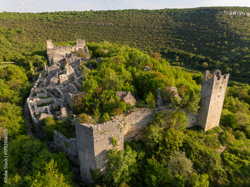 Aerial view of Dvigrad medieval castle ruins in Istria, Croatia