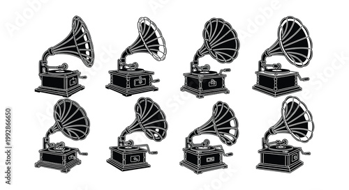 Line art illustration of vintage gramophones in various arrangements