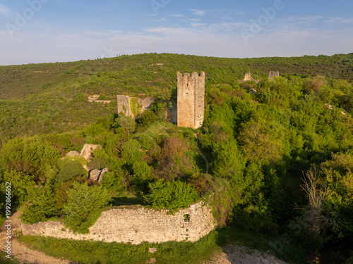 Aerial view of Dvigrad medieval castle ruins in Istria, Croatia