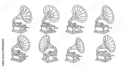 Line art illustration of vintage gramophones in various arrangements