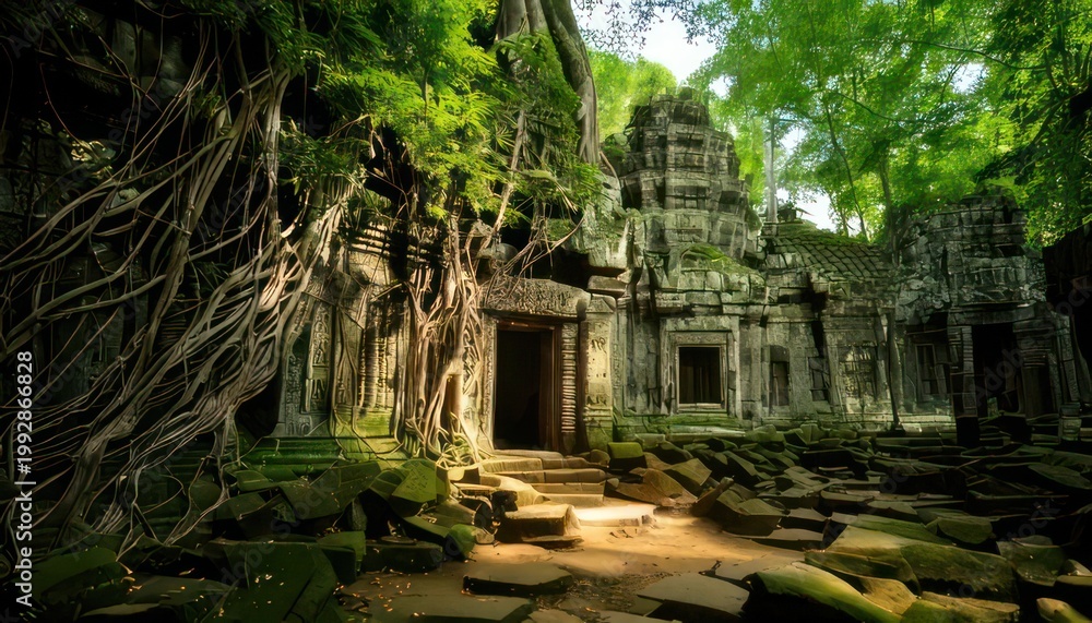 Fototapeta premium Mystical Ta Prohm Temple - Ancient Ruins Embraced by Jungle Roots in Cambodia.