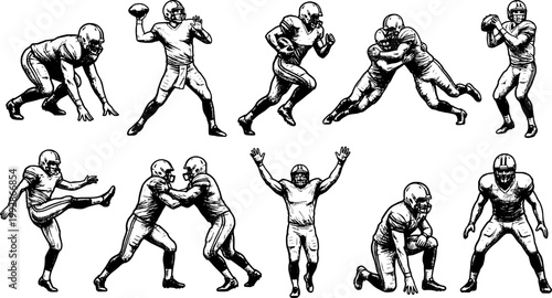 American Football Player Action Set Throw Run Tackle Block Kick Celebration Engraving Line Art Illustration