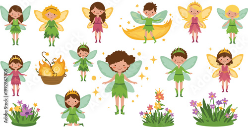 Whimsical illustration of multiple fairies in various poses with flowers and a basket