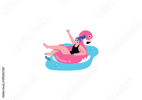 フラミンゴの浮き輪に乗る女性のイラスト