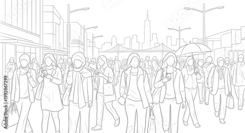 A crowd of people walking down a street in a city.