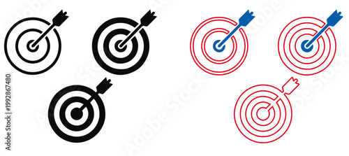 Target Icons: Arrow, Bullseye, Goal, Market, Shooting & Archery – Editable Line Vector Set