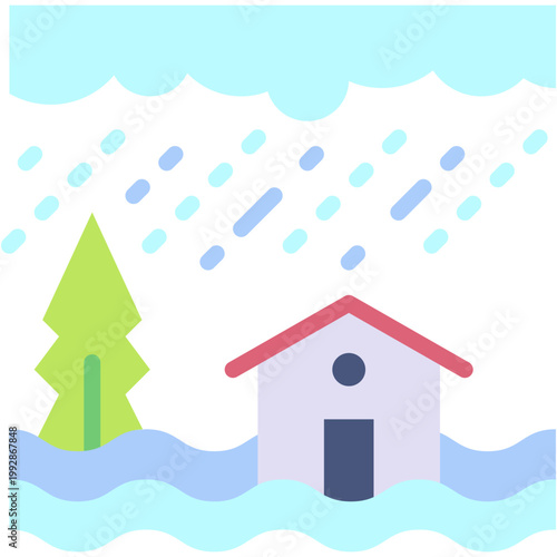 Flood Water Damage Vector Icon with Heavy Rain Impact on Homes and Environment