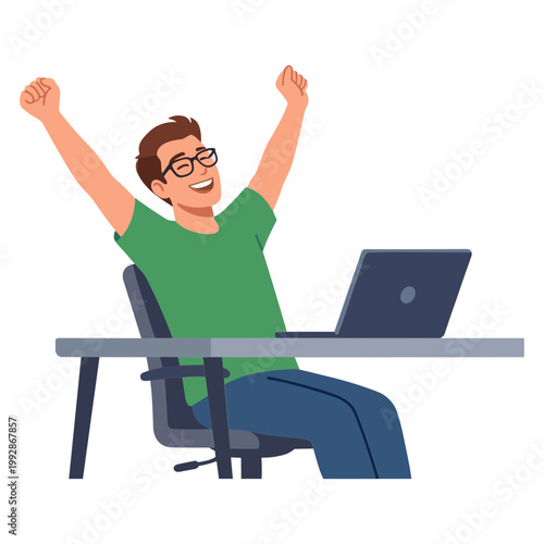 Man celebrates success sitting at desk with laptop computer