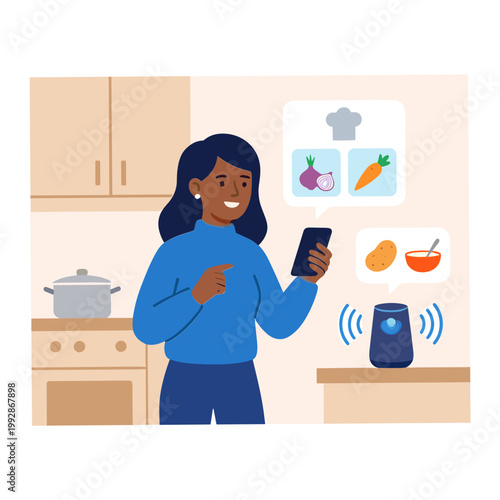 Woman uses smartphone to control smart speaker in modern kitchen with recipes