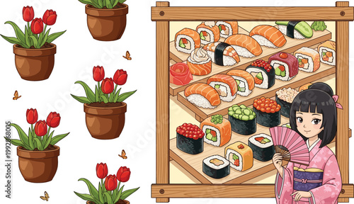 Tulip flower pots pattern and sushi display with Japanese girl in kimono cartoon vector illustration set isolated decorative design elements collection