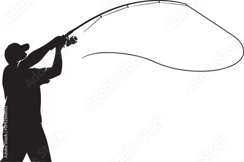 Fishing, silhouette of man casting rod, black vector icon, outdoor recreation, fishing gear