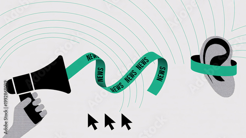A hand holding a megaphone with a green news ribbon flowing into an ear, symbolizing the spread of information.