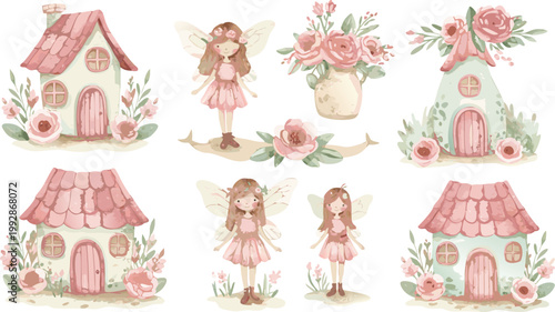Whimsical watercolor illustration of fairy tale houses and girls in pink dresses with flowers