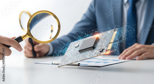 Business professional examining electronic component with magnifying glass, data analysis and technology concept, digital circuit board, innovation and research