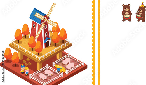 Isometric farm windmill with pigs farmers autumn trees decorative border and cute bears cartoon vector illustration set rural agriculture scene