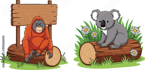 Orangutan with wooden signboard and koala sitting on log cartoon animals vector illustration set forest wildlife design elements