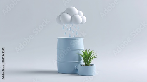 Cloud raining into a barrel with a small potted plant in soft light