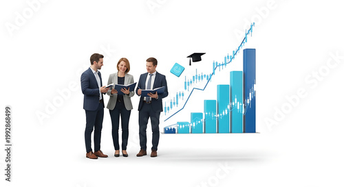 Business team analyzing growth chart and financial data with graduation cap icon, signifying education and career advancement, planning strategy