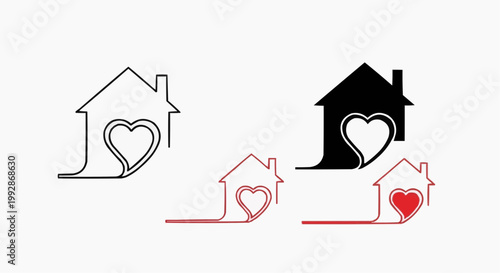 Minimalist house with heart logo set, real estate and home love vector icons