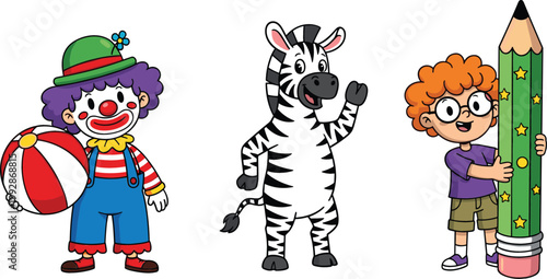 Clown with ball zebra animal and boy holding giant pencil cartoon vector illustration set kids creative design elements collection