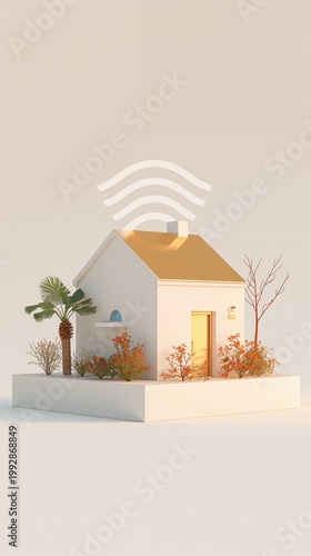 Smart home with wifi symbol, modern building in a minimalist style