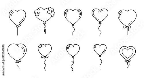 Collection of hand drawn heart and round balloon bouquets in black and white