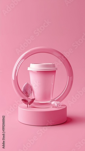 Pink coffee cup with a circle and leaf on display