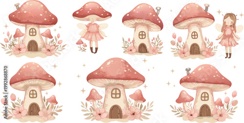 Whimsical illustration of mushroom houses and fairy in a fantasy forest setting with pink and red hues