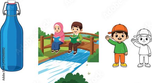 Glass bottle couple sitting on bridge and boy character colored and outline cartoon vector illustration set isolated design elements collection