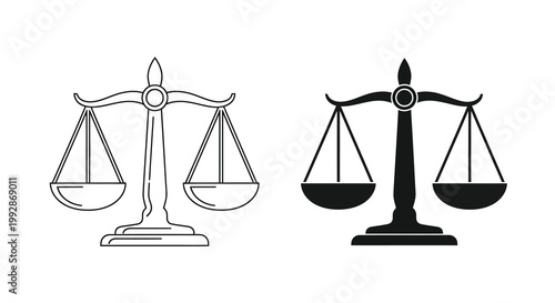 A black and white illustration depicts two versions of scales of justice symbolizing fairness and legal balance