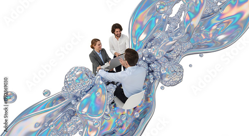 Business team collaborating around a laptop amidst iridescent liquid splash, representing teamwork and innovation
