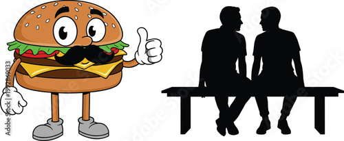 Funny burger mascot character showing thumbs up and couple sitting silhouette on bench vector illustration set isolated design elements