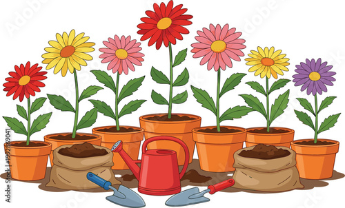 Colorful potted flowers with gardening tools soil bags and watering can cartoon vector illustration set garden plant design elements collection